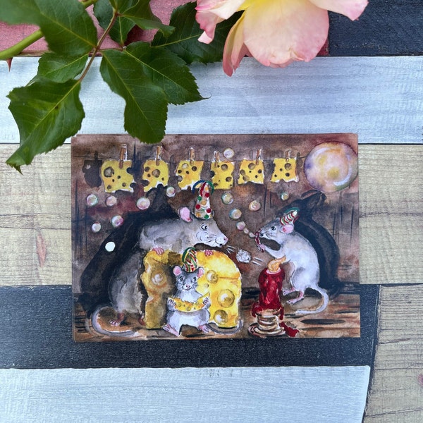 Postkarte "Mäuse Party", als witzige Geburtstagskarte, Grußkarte, Einladung zum Geburtstag, Geschenkkarte, oder einfach so für die Pinnwand