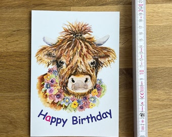 Große "Happy Birthday" Faltkarte im DIN A5 Format, Geburtstagskarte im XXL Format mit lustigem Highland Rind