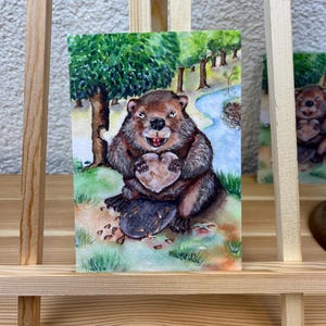 Biber mit Herz, mit diesem gut gelaunten Biber hast die einen wahren Trumpf in der Tasche, Postkarte DIN A6 Hochformat, Aquarell-Motiv
