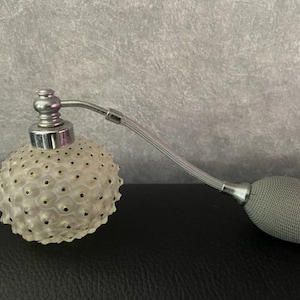 Puede incluir: Un atomizador de perfume de vidrio transparente y plateado con un bulbo texturizado y una boquilla de pulverización plateada.