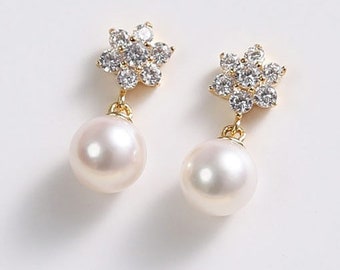 Pendientes de perlas de cristal / Joyería nupcial de oro de 14k / Piedras preciosas éticas simuladas / Regalo para ella