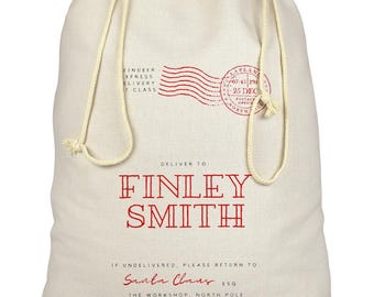 Bolsa de regalo navideña con nombre personalizado para Papá Noel / Nombre y detalles personalizables / Bolsa de regalo navideña con forma de calcetín / Bolsa de correo / Bolsa de regalo para niños