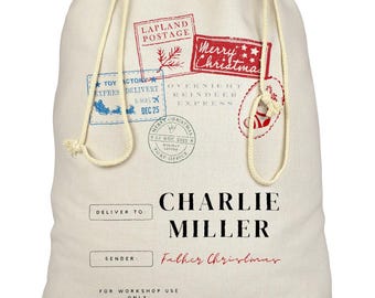 Bolsa de regalo navideña con nombre personalizado para Papá Noel / Nombre y detalles personalizables / Bolsa de regalo navideña con forma de calcetín / Bolsa de correo / Bolsa de regalo para niños