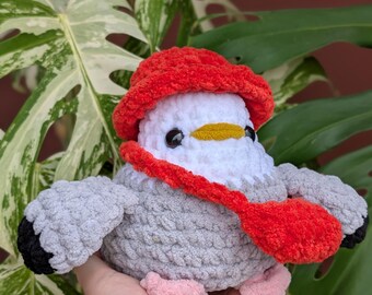 Handmade Herring Gull Plushie with Hat and Bag: Crocheted Seagull Toy