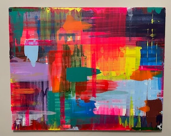 May include: Abstract painting featuring bold, colourful brushstrokes in shades of red, orange, yellow, green, blue, and purple. The painting has a layered, textured effect, with some areas appearing more opaque than others.