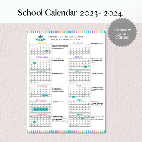 School Calendar 2023- 2024 perfect for Preschool, Daycare or childcare center EDITABLE!