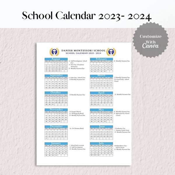 School Calendar 2023- 2024 perfect for Preschool, Daycare or childcare center! EDITABLE