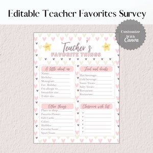 Editable Teacher Favorites Survey/ Meet the teacher Questionnaire/ Printable back to school / All about My Teacher Printable