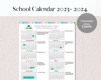 School Calendar 2023- 2024 perfect for Preschool, Daycare or childcare center EDITABLE!