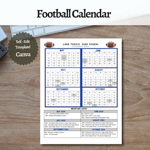 Peut inclure: Un calendrier de football imprimable pour le lycée Lake Travis en 2024. Le calendrier comprend des grilles mensuelles de mai à octobre, avec des dates importantes énumérées ci-dessous. Les dates comprennent les nominations des entraîneurs, les nominations des joueurs et les calendriers des matchs.