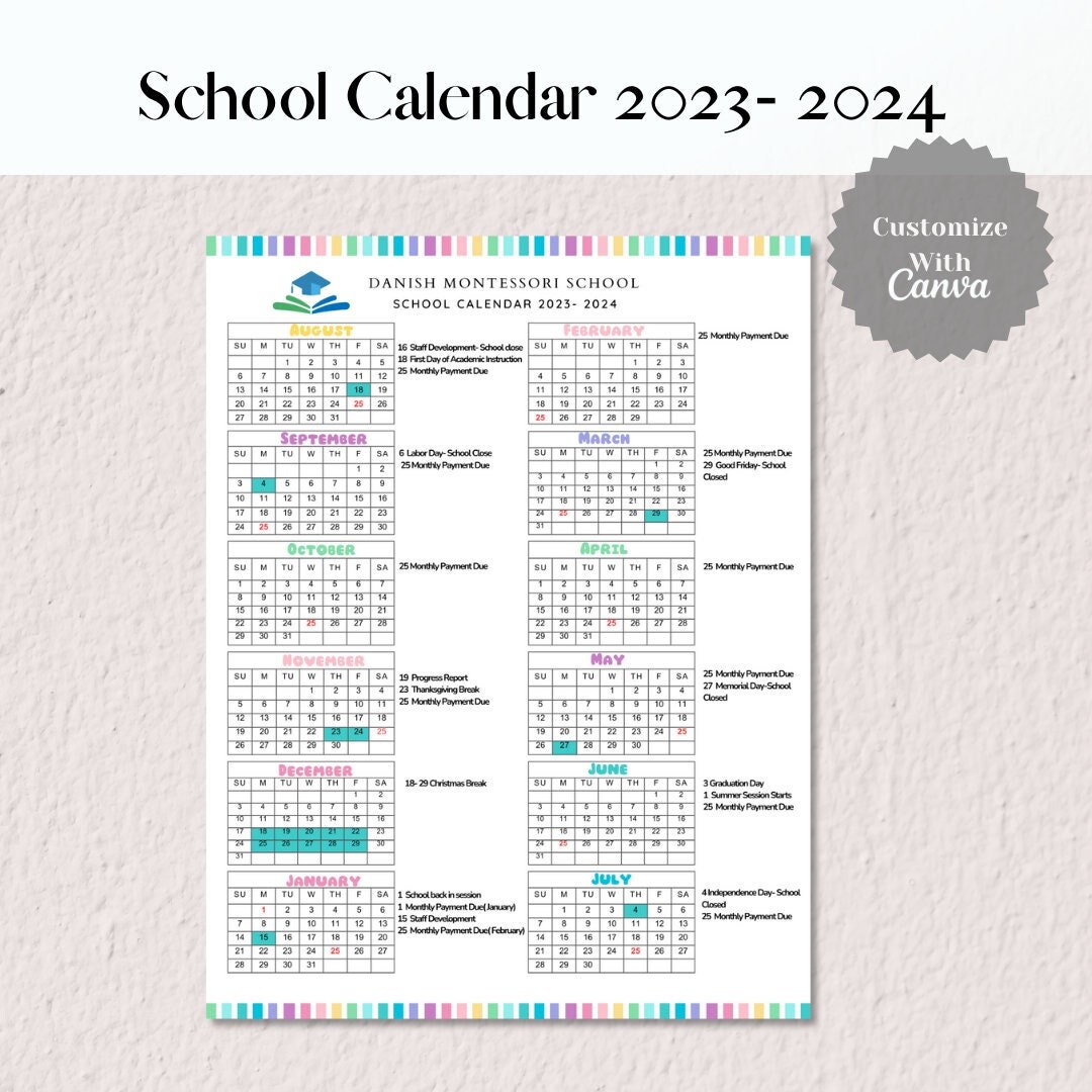 School Calendar 2023 2024 Perfect for Preschool, Daycare or Childcare Center EDITABLE - Etsy