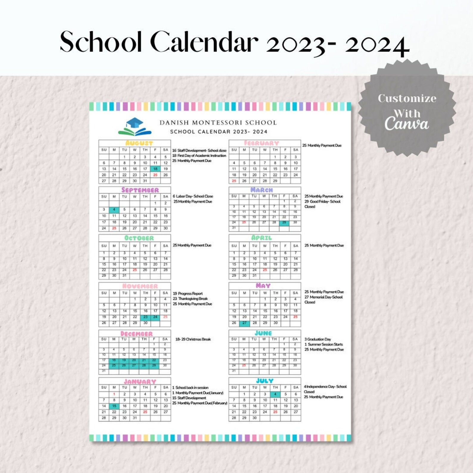 School Calendar 2023 2024 Perfect for Preschool, Daycare or Childcare
