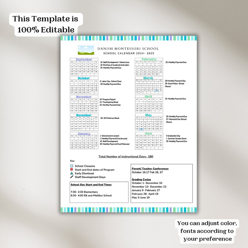 School Calendar 2024 2025 Perfect for Preschool, Daycare or Childcare
