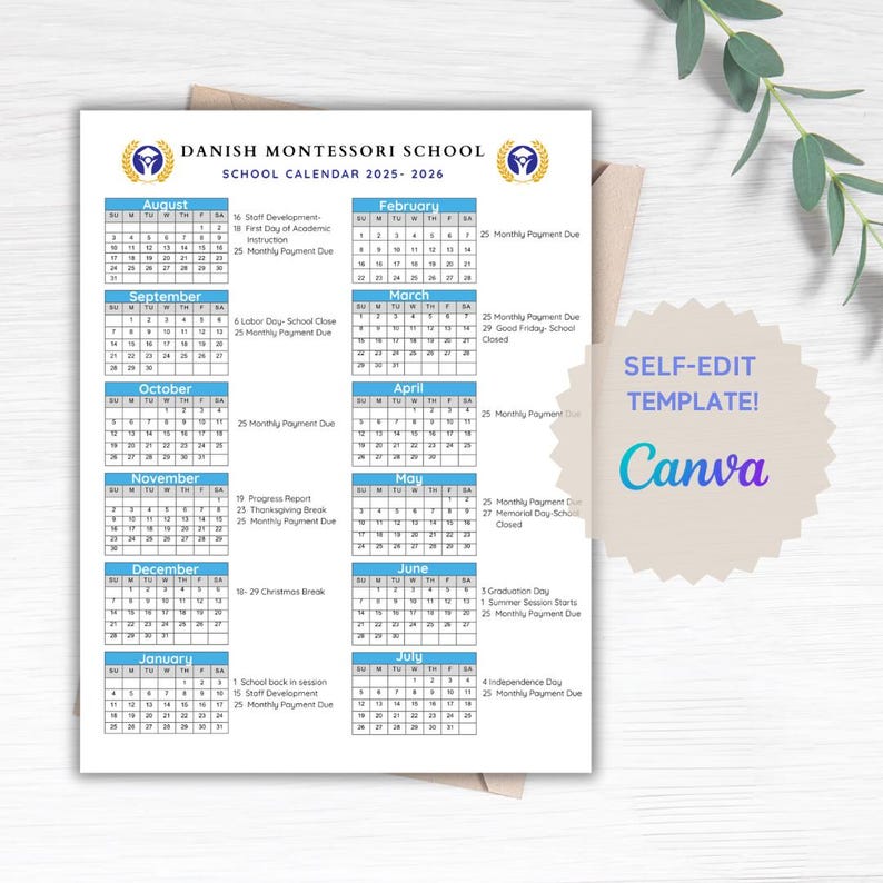 School Calendar 2025 2026 Perfect for Preschool, Daycare or Childcare
