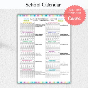 Calendrier scolaire Montessori danois 2026-2027 - Modèle auto-éditable Canva