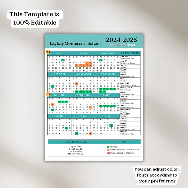 School Calendar 2025 2025 Perfect for Preschool, Daycare or Childcare