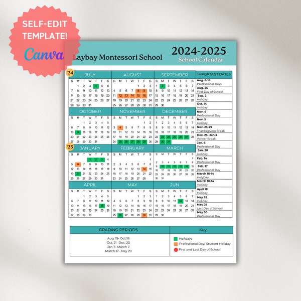 School Calendar 2024- 2025 perfect for Preschool, Daycare or childcare center EDITABLE!
