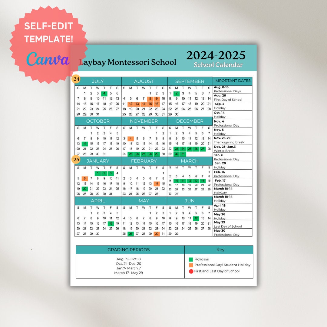 School Calendar 2024 2025 Perfect for Preschool, Daycare or Childcare Center EDITABLE! Etsy