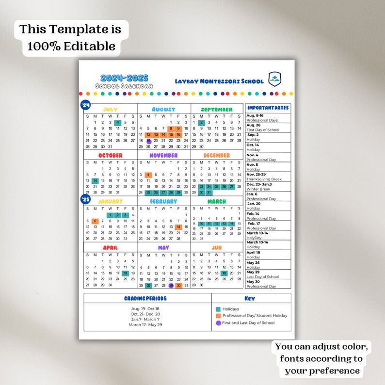 School Calendar 2024 2025 Perfect for Preschool, Daycare or Childcare