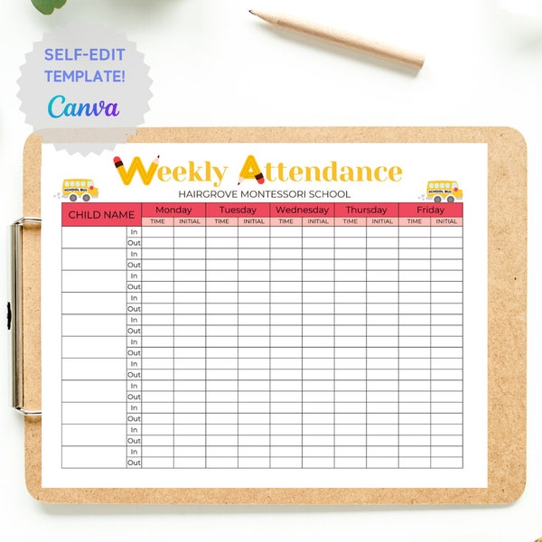 Weekly attendance editable with Canva, Attendance sheet for Preschool, Montessori school, Daycare or child care
