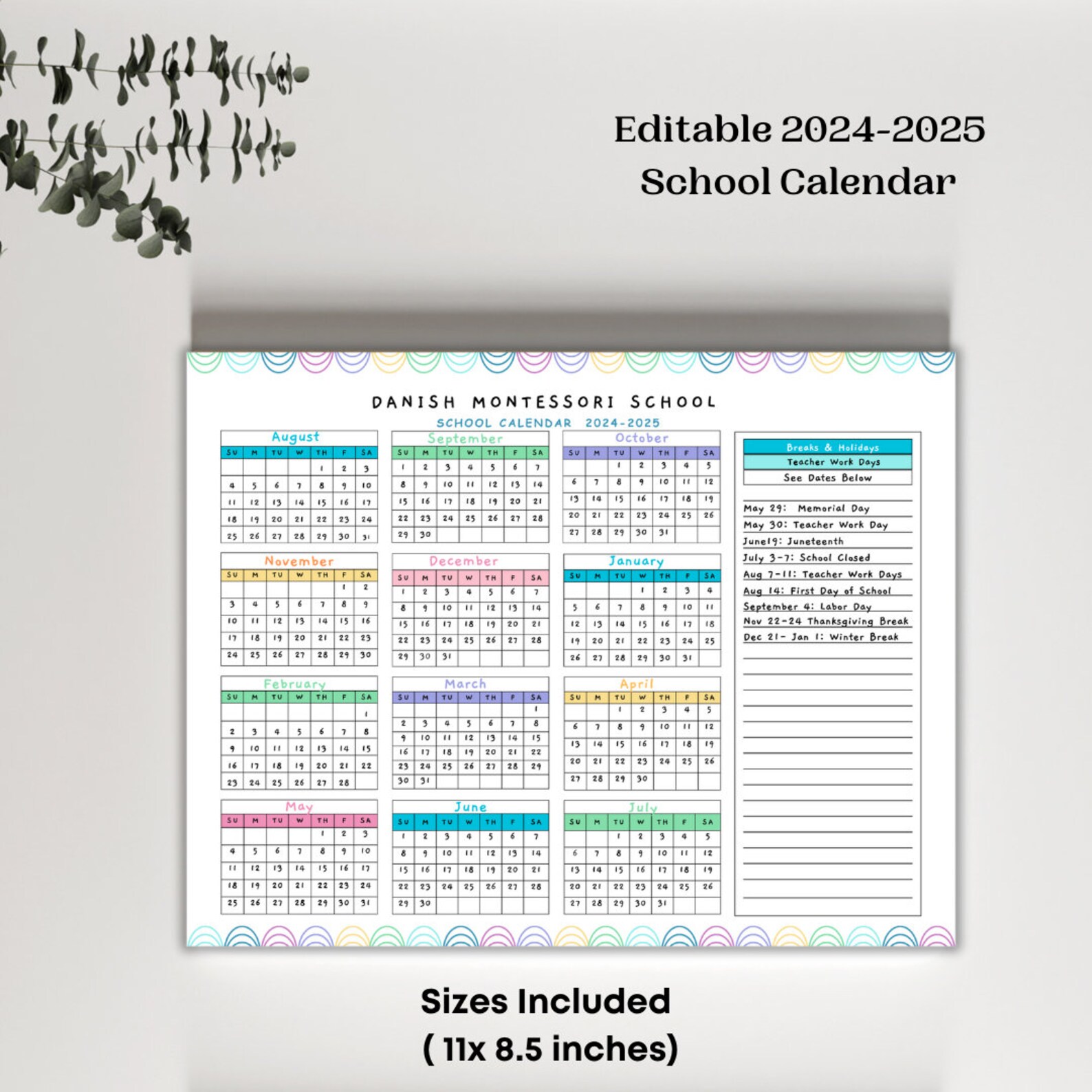 2024 2025 School Calendar Horizontal Perfect for Preschool, Daycare or