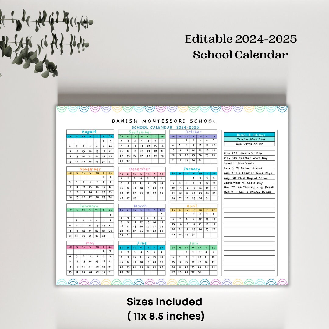 2024 2025 School Calendar Horizontal Perfect for Preschool, Daycare or