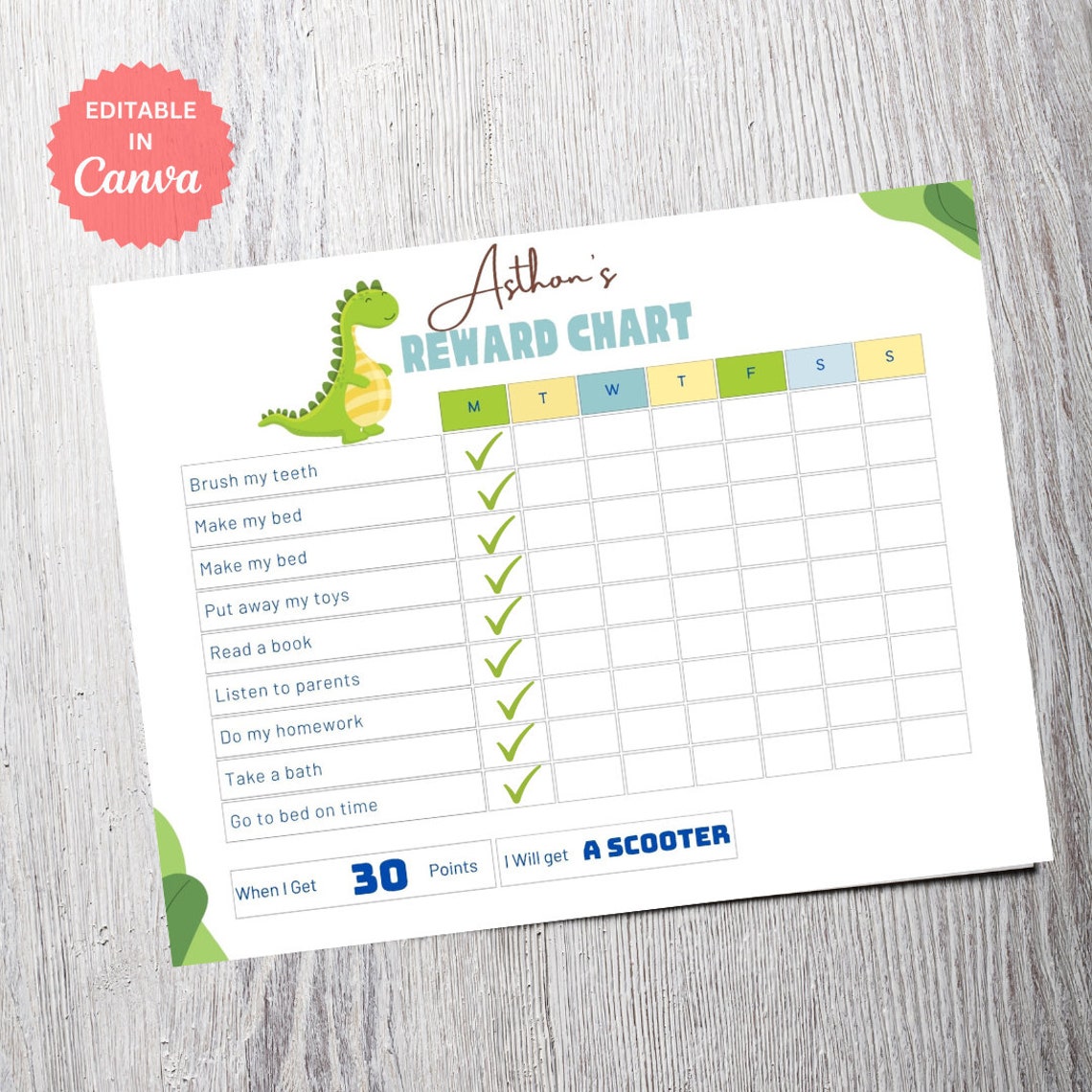 Editable Dinosaur Reward Chart, Kids Behavior Management (digital ...