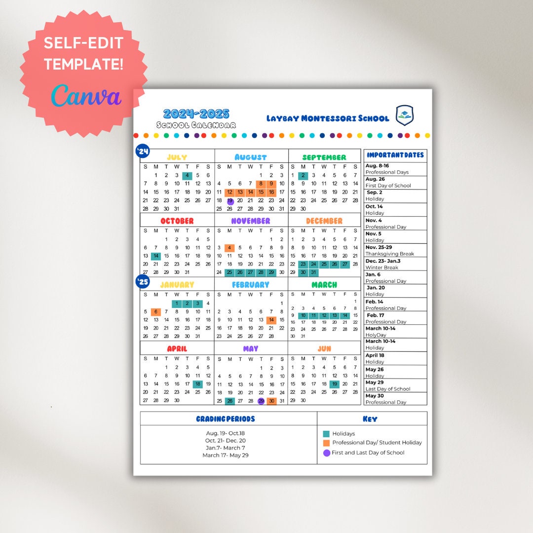 School Calendar 2024 2025 Perfect for Preschool, Daycare or Childcare