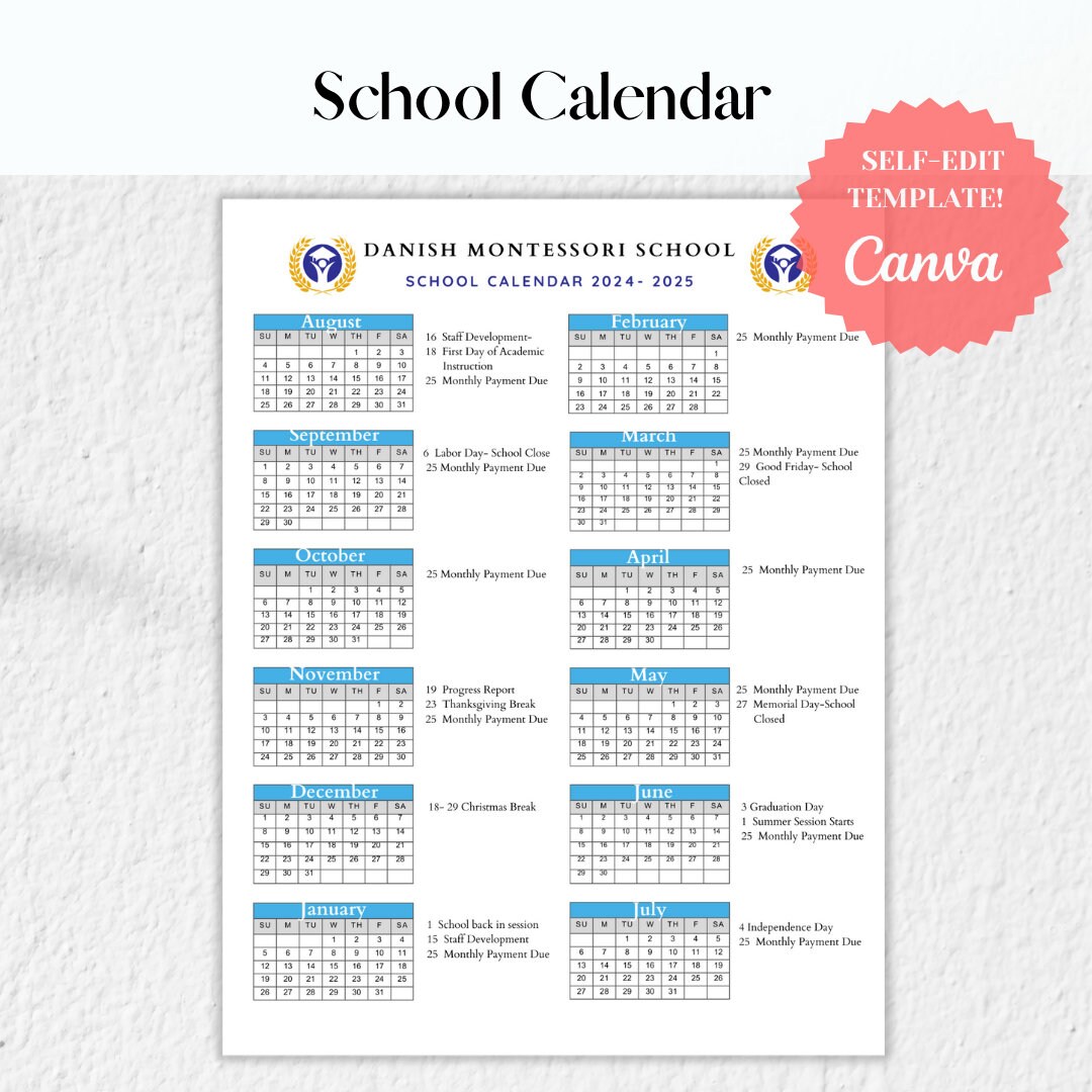 School Calendar 2024 2025 Perfect for Preschool, Daycare or Childcare