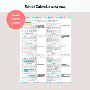 School Calendar 2024- 2025 perfect for Preschool, Daycare or childcare center EDITABLE!