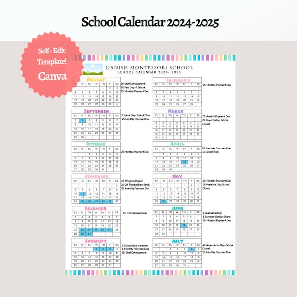 School Calendar 2024- 2025 perfect for Preschool, Daycare or childcare center EDITABLE!