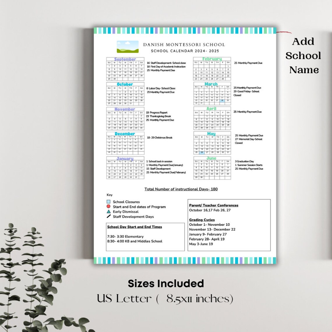 School Calendar 2024 2025 Perfect for Preschool, Daycare or Childcare