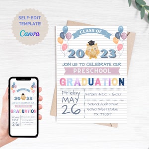 Graduation Invitation Editable Template, Pre-K Kindergarten, Preschool, 5th grade Class Graduation Announcement, Graduation Ceremony