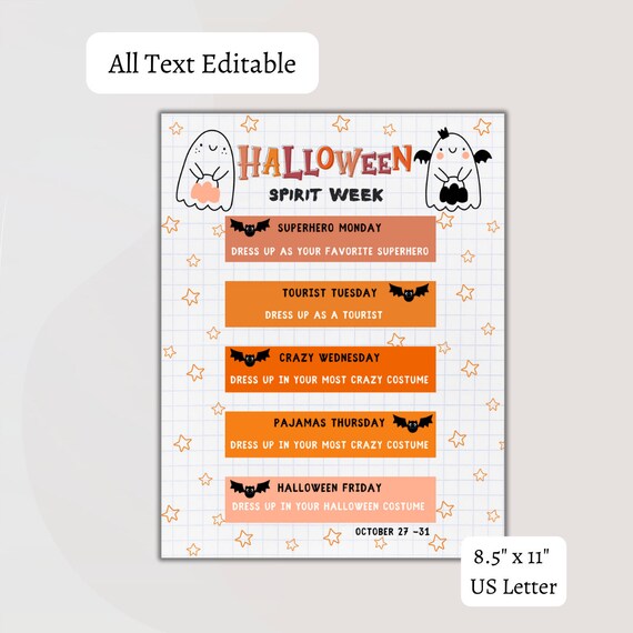 Halloween School Spirit Week Itinerary Schedule, Daily Weekly Calendar,  School Pto Pta, Elementary Kids Fall Planner Event Editable Template - Etsy