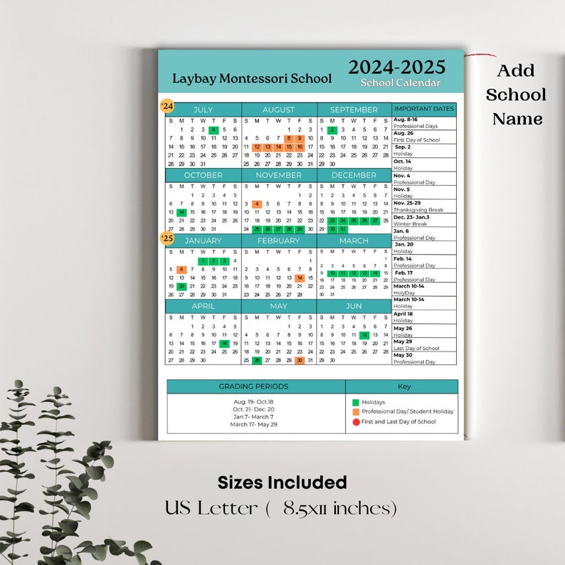 School Calendar 2024 2025 Perfect for Preschool, Daycare or Childcare