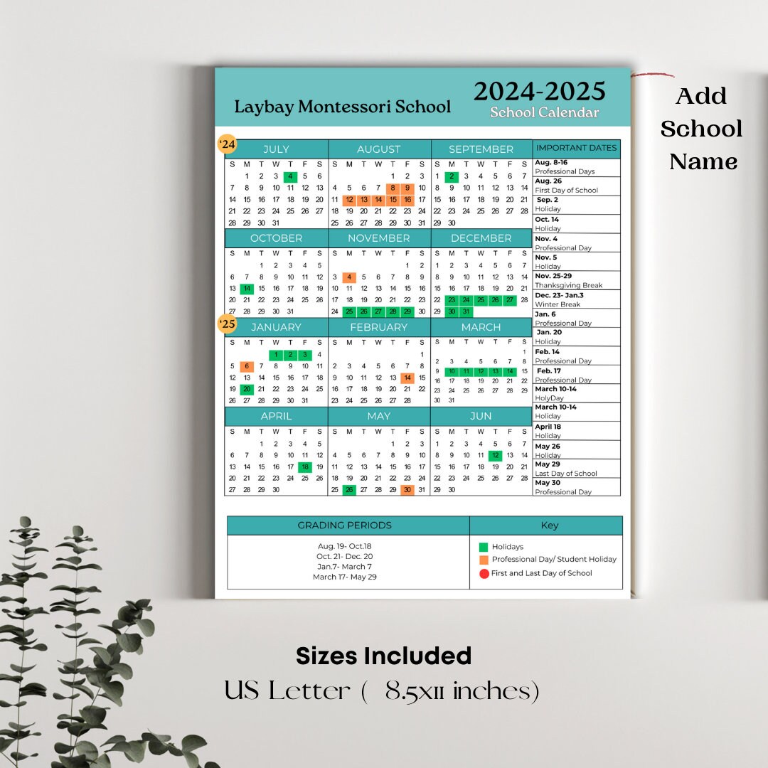 School Calendar 2024 2025 Perfect for Preschool, Daycare or Childcare