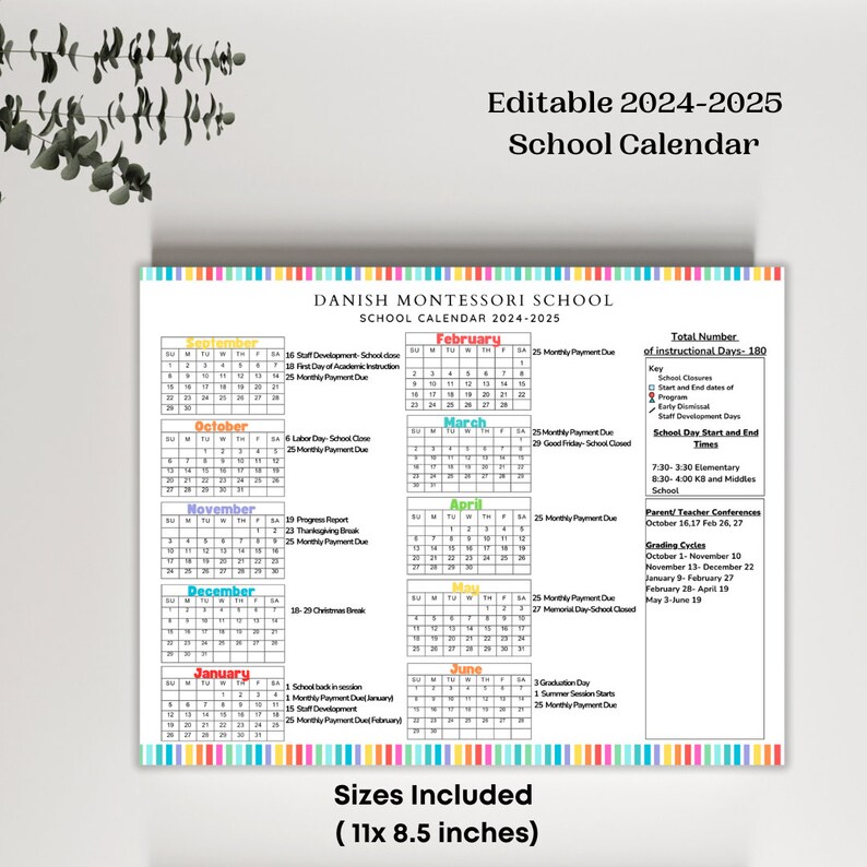 20242025 School Calendar Horizontal Perfect for Preschool, Daycare or Childcare Center EDITABLE