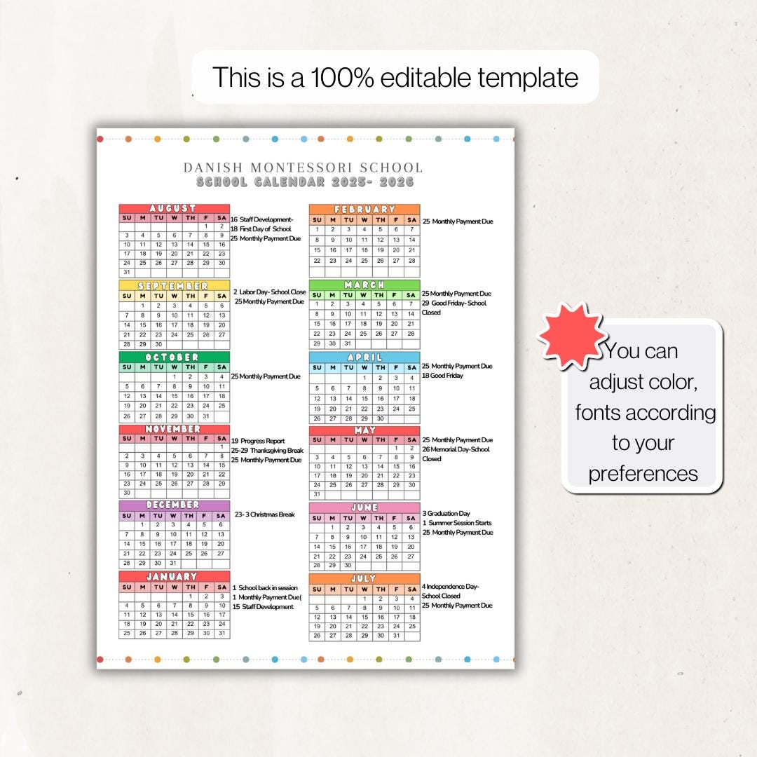 School Calendar 2025 2026 Perfect for Preschool, Daycare or Childcare