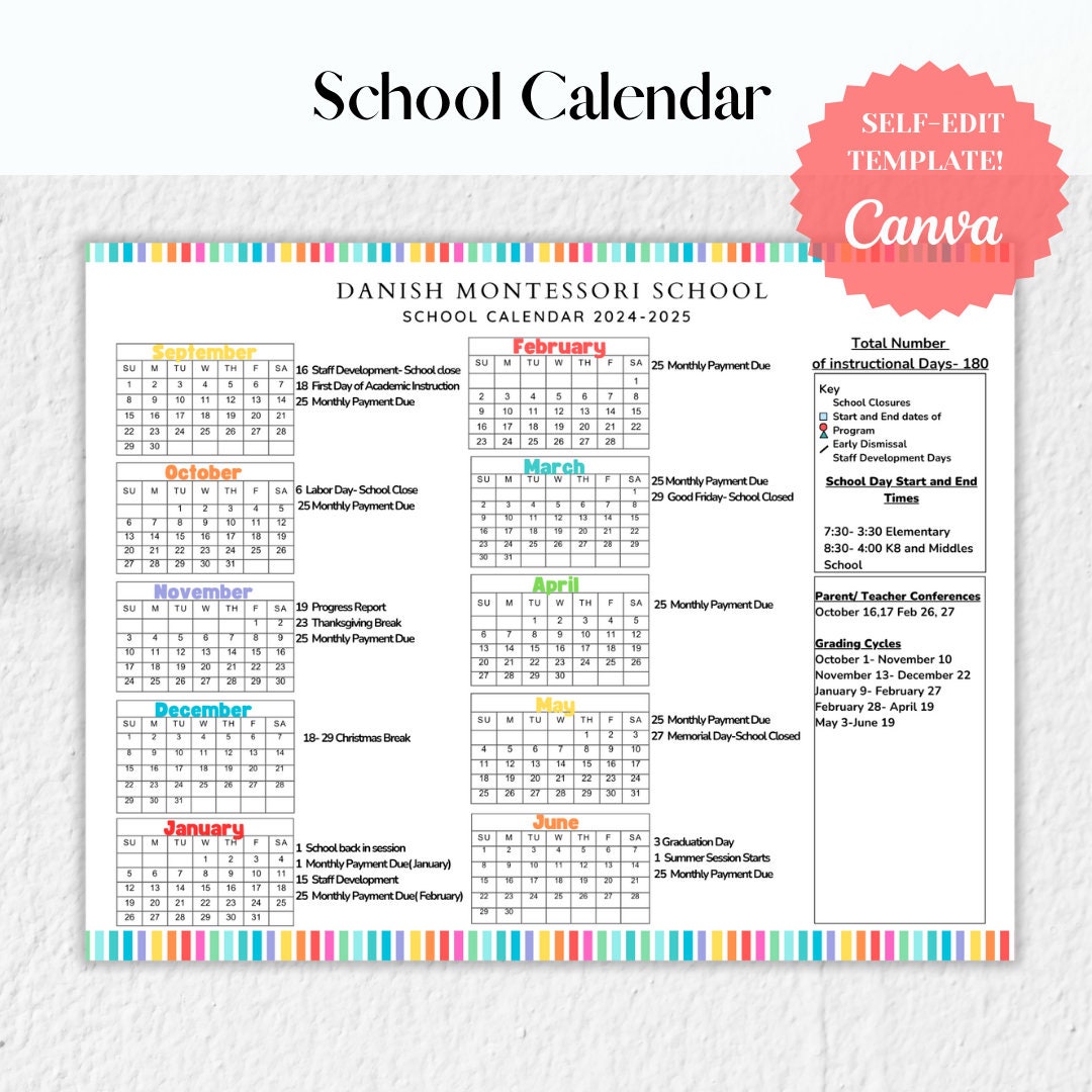 20242025 School Calendar Horizontal Perfect for Preschool, Daycare or Childcare Center EDITABLE
