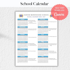 Danish Montessori School Calendar 2026-2027, Self-Edit Template, Canva (Digital Download