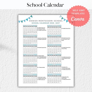 Calendario escolar Montessori 2026-2027, escuela danesa, plantilla de Canva, calendario autoeditable