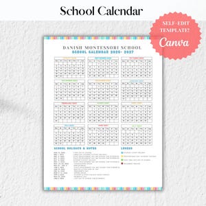 Danish Montessori School Calendar 2026-2027 - Self-Edit Template - Canva