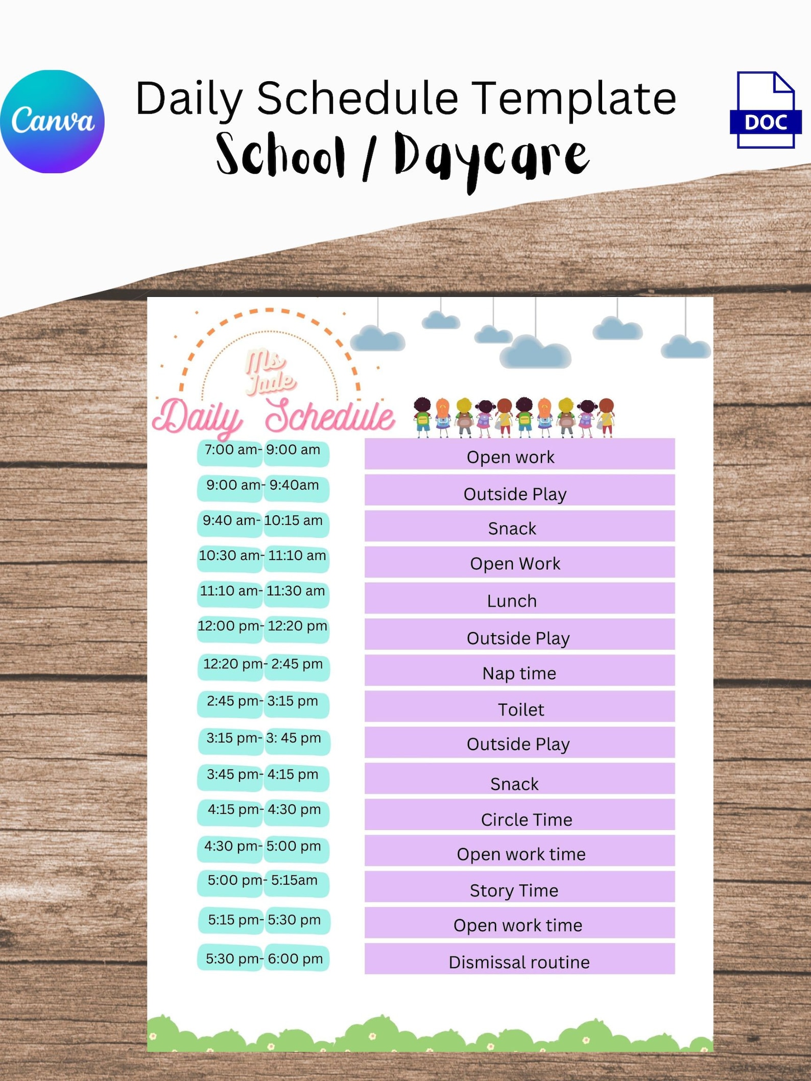Daily Schedule, Montessori School /daycare, Fully Customizable With