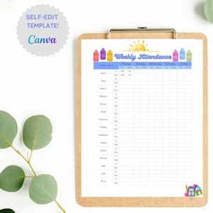 Canvaで編集可能な週ごとの出席表、幼稚園、モンテッソーリスクール、デイケア、またはチャイルドケア用の出席シート