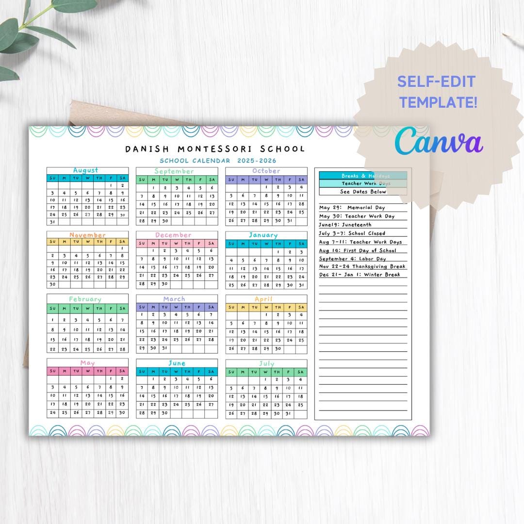 2025 2026 School Calendar Horizontal Perfect for Preschool, Daycare or