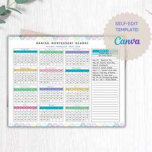 Calendário escolar horizontal 2025-2026, perfeito para pré-escola, creche ou centro de cuidados infantis EDITÁVEL!