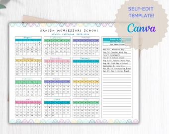2025- 2026 School Calendar Horizontal perfect for Preschool, Daycare or childcare center EDITABLE!