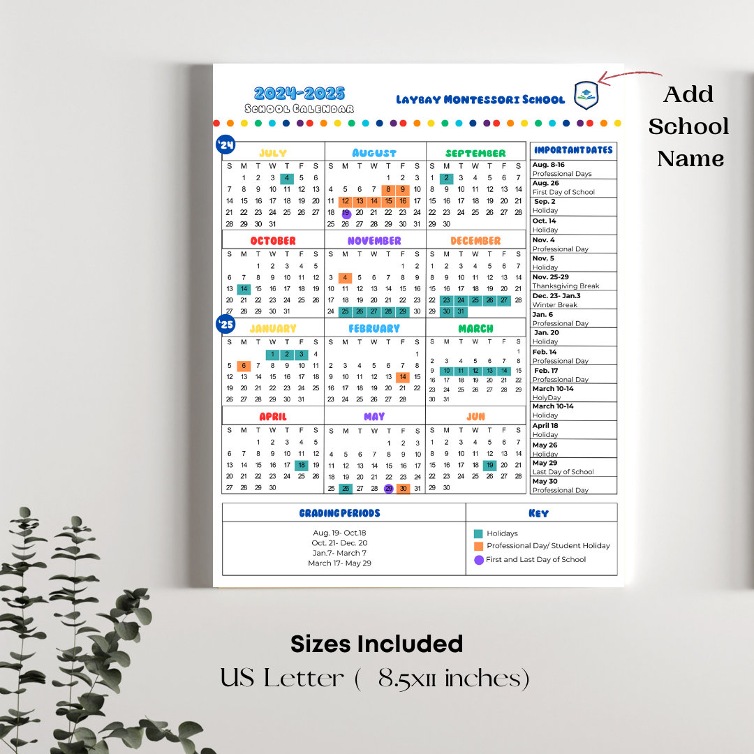 School Calendar 2024 2025 Perfect for Preschool, Daycare or Childcare