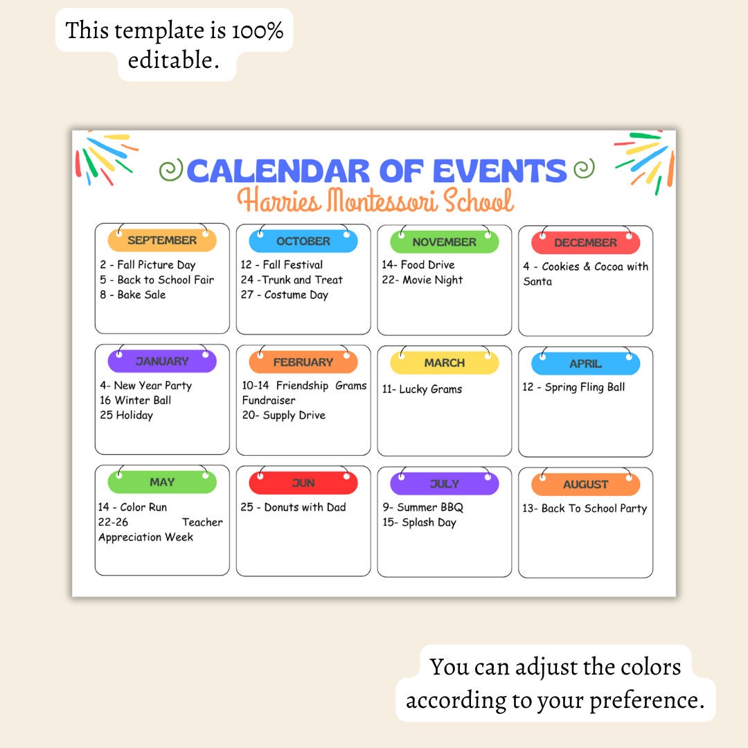 Editable Monthly Events Template, Parents Newsletter Calendar Events ...