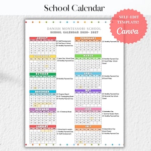 School Calendar 2026- 2027 perfect for Preschool, Daycare or childcare center EDITABLE!